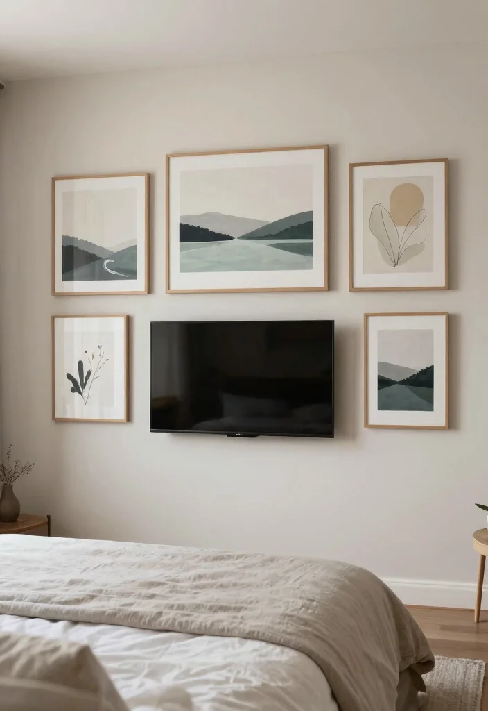10 Bedroom TV Ideas for Cozy Night In Setups 10. Simplistic Artwork Display Around the TV 0