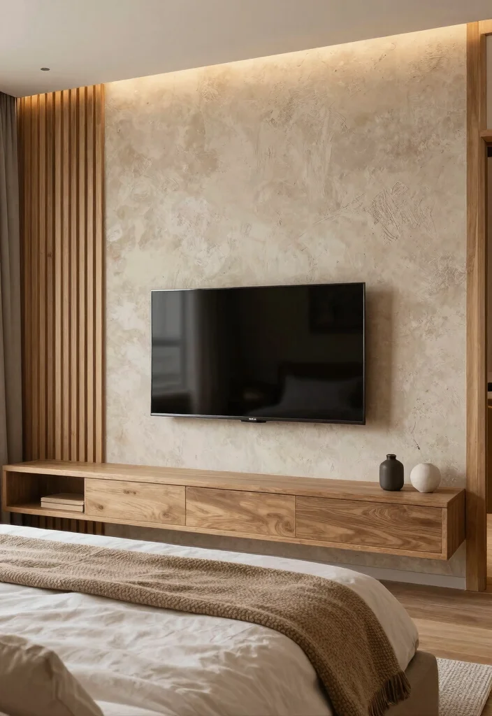 10 Bedroom TV Ideas for Cozy Night In Setups 5. Create a Cozy Texture Wall Behind the TV 0