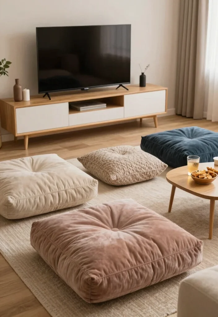 10 Bedroom TV Ideas for Cozy Night In Setups 7. Oversized Floor Cushions for Relaxed Viewing 0