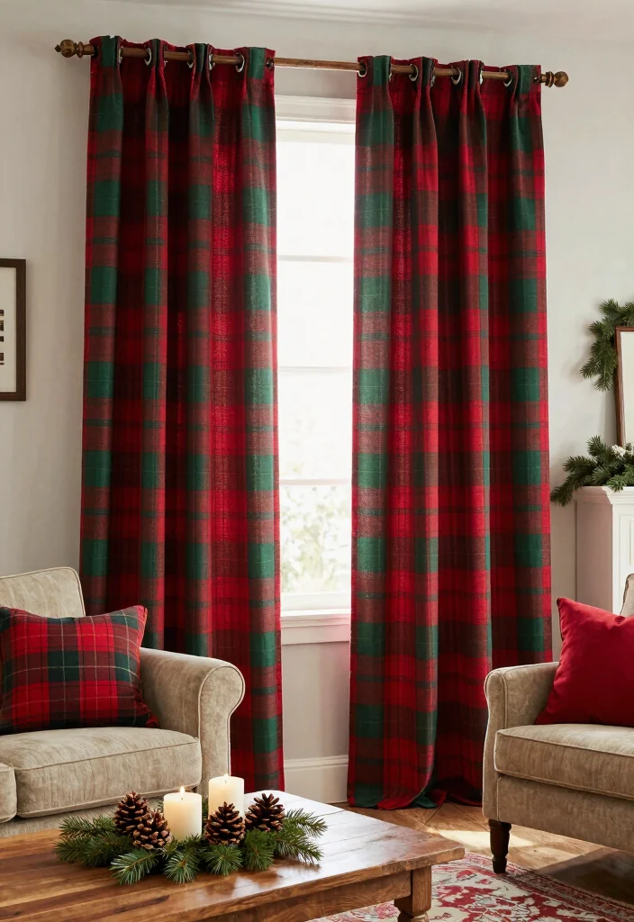 10 Christmas Curtain Ideas for Cozy Living Rooms 1. Country Chic Plaid Curtains 0