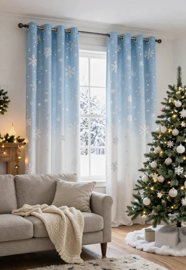 10 Christmas Curtain Ideas for Cozy Living Rooms 3. Whimsical Snowflake Prints 0