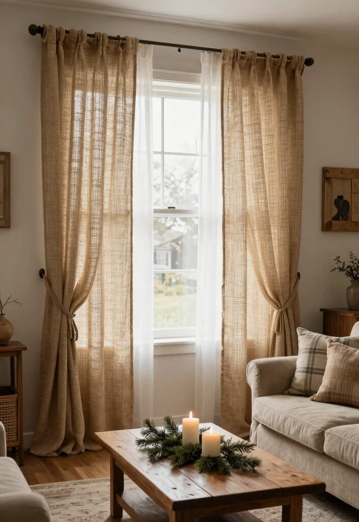 10 Christmas Curtain Ideas for Cozy Living Rooms 4. Rustic Burlap Curtains 0