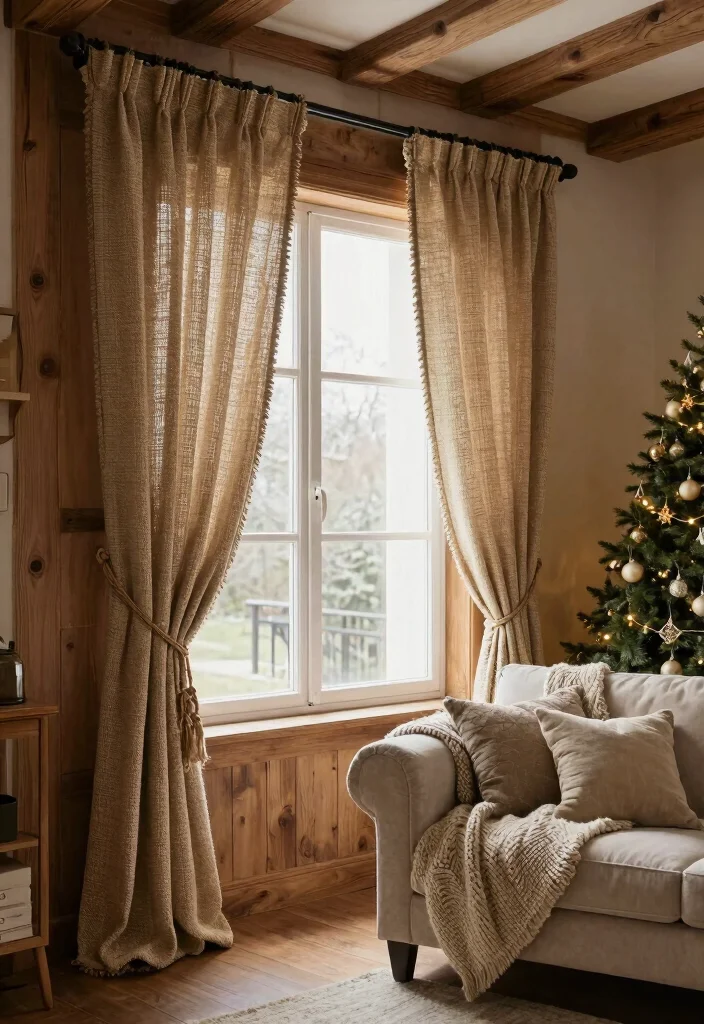 10 Christmas Curtain Ideas for Cozy Living Rooms 7. Jute and Twine Tiebacks 0