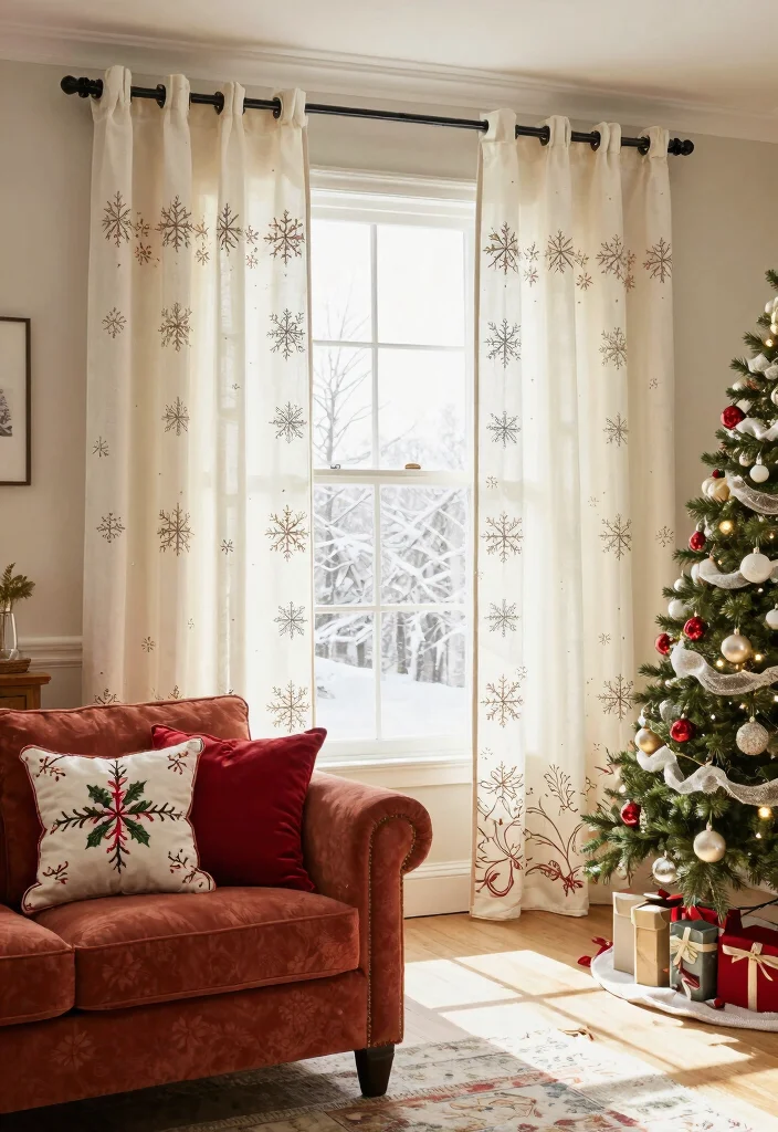 10 Christmas Curtain Ideas for Cozy Living Rooms 8. Embroidered Holiday Motifs 0