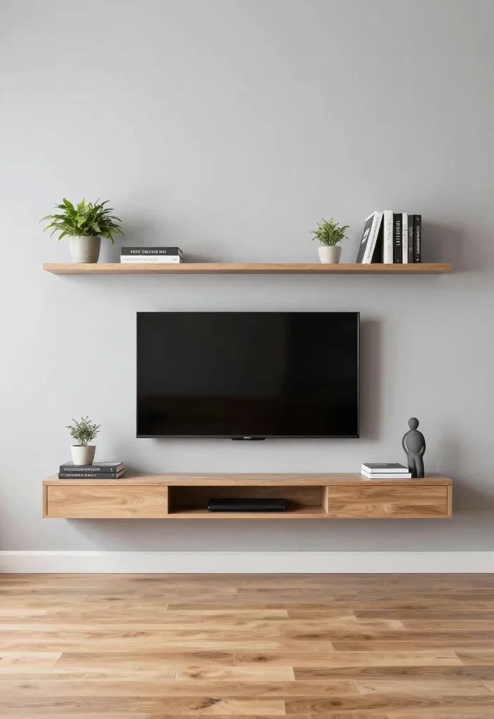 10 Hanging TV Living Room Ideas for a Clean Look 1. Floating Entertainment Center 0