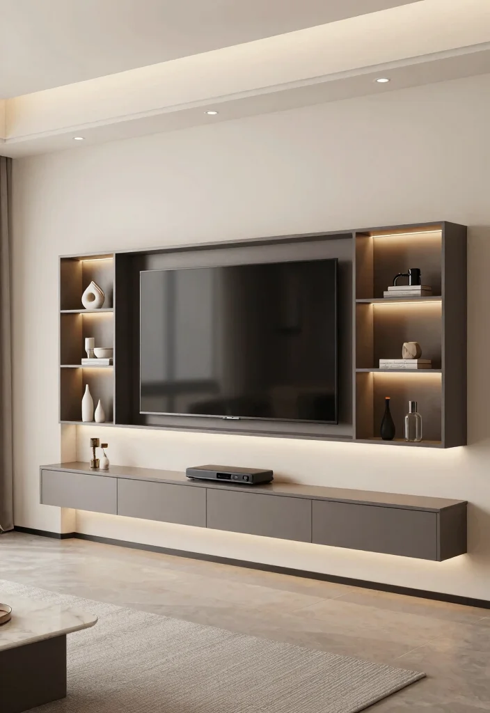 10 Hanging TV Living Room Ideas for a Clean Look 10. TV Mounted in a Built In Unit 0