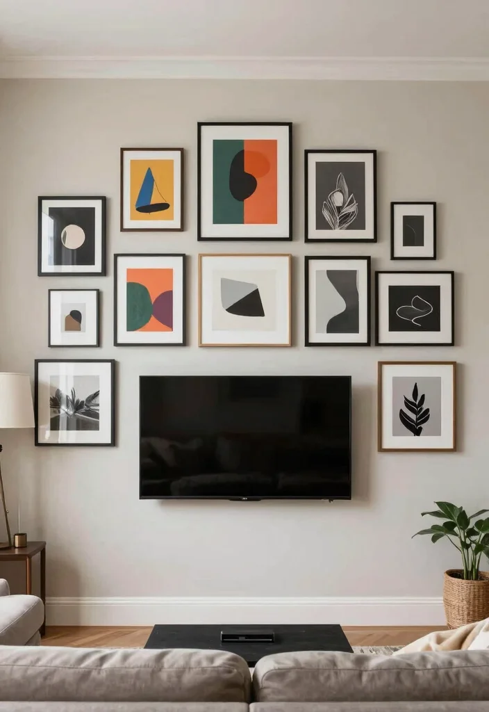 10 Hanging TV Living Room Ideas for a Clean Look 2. Art Gallery Wall with TV 0