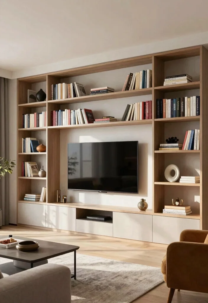 10 Hanging TV Living Room Ideas for a Clean Look 3. Wall Mounted TV with Bookshelf 0