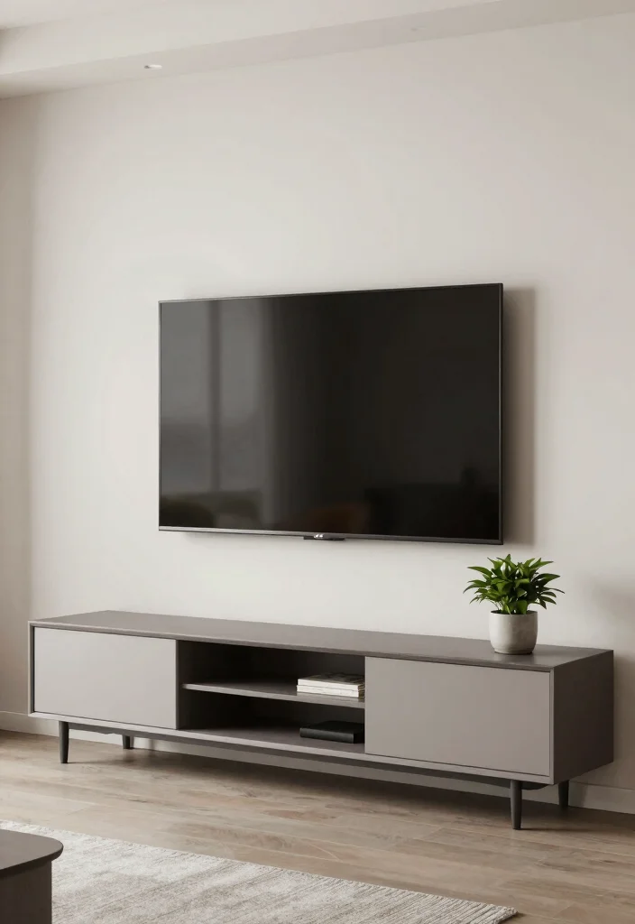 10 Hanging TV Living Room Ideas for a Clean Look 5. Modern Minimalist Stand 0
