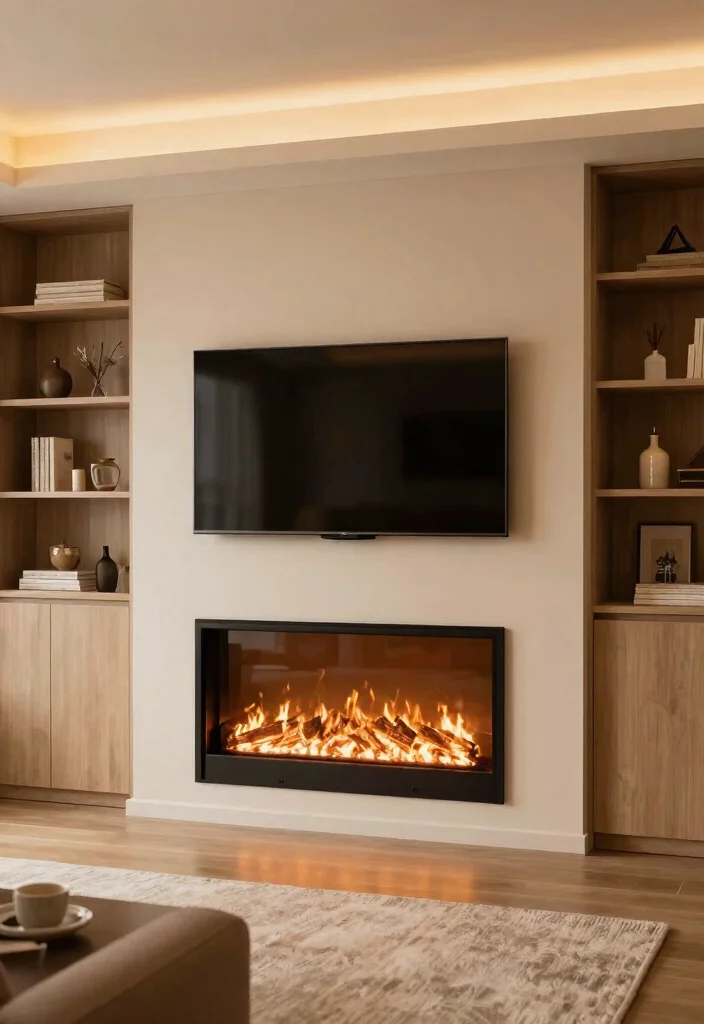 10 Hanging TV Living Room Ideas for a Clean Look 6. Integrated TV with Fireplace 0