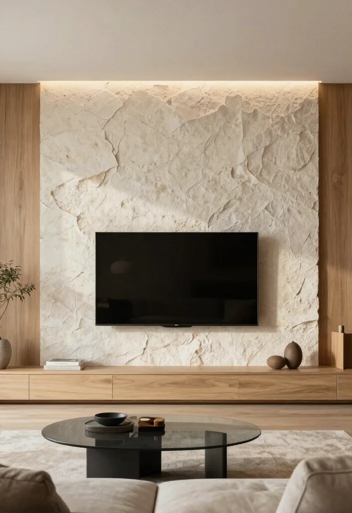10 Hanging TV Living Room Ideas for a Clean Look 8. Textured Wall with TV Integration 0