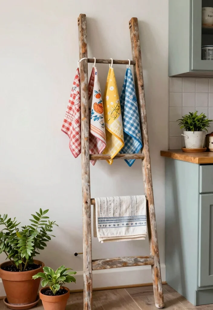 10 Kitchen Towel Hanging Ideas That Look Neat 4. Vintage Ladder Display 0