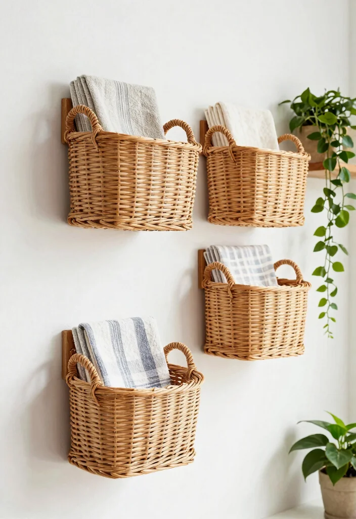 10 Kitchen Towel Hanging Ideas That Look Neat 5. Wall Mounted Baskets 0