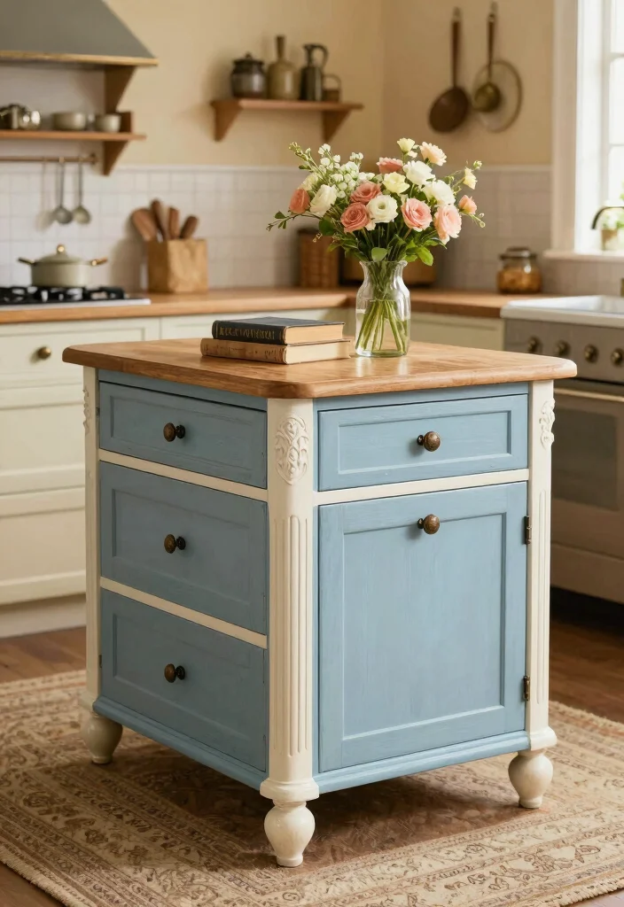 10 Mobile Kitchen Island Ideas for Flexible Small Kitchens 4. Vintage Style Island 0