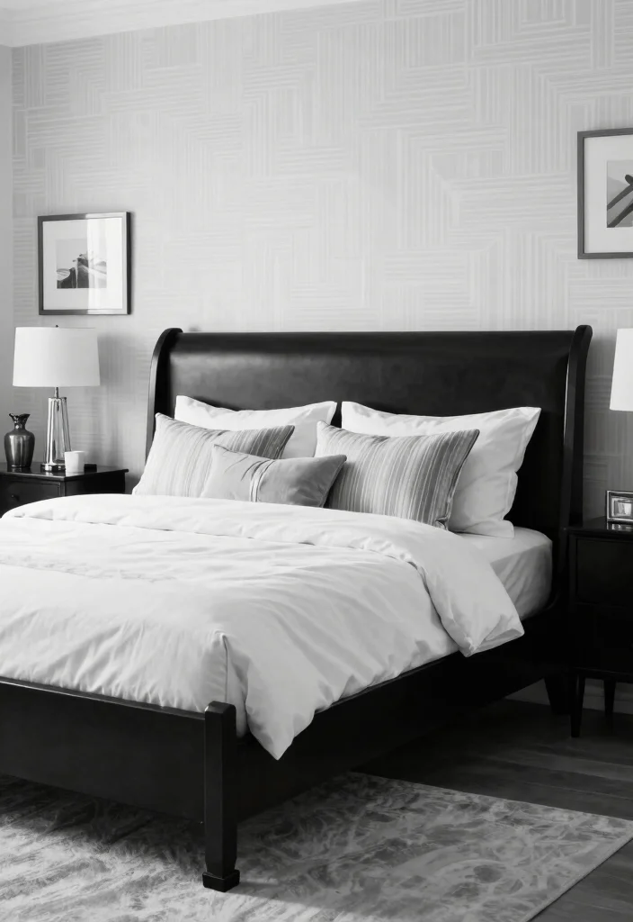10 Sleigh Bed Bedroom Ideas with Classic Elegance 6. Monochrome Mastery 0
