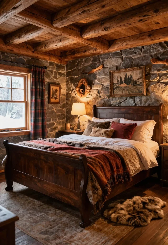 10 Sleigh Bed Bedroom Ideas with Classic Elegance 7. Cozy Cabin Vibes 0