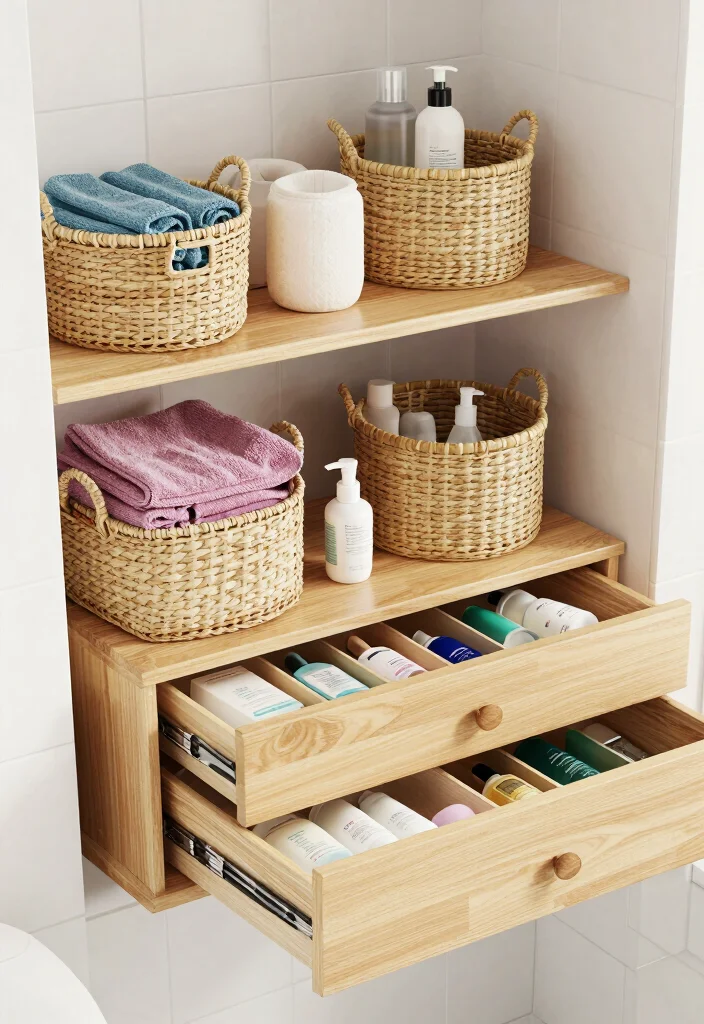10 Small Bathroom Cabinet Ideas That Hide Clutter 4. Baskets and Drawers 0