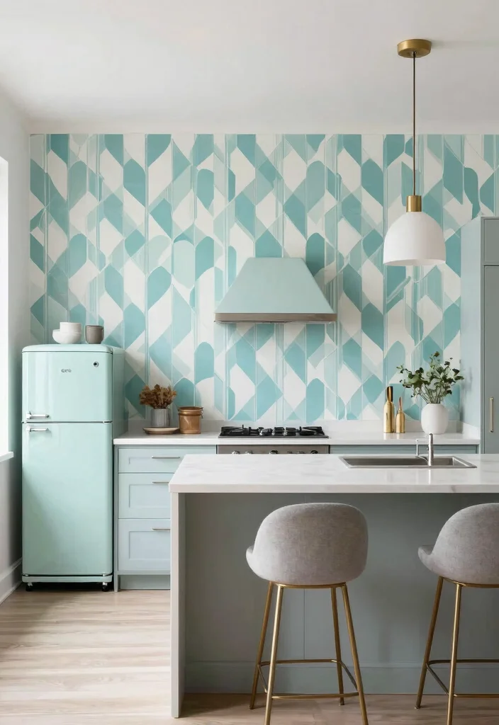 12 Accent Wall Kitchen Wallpaper Ideas That Make a Statement 2. Retro Geometric Designs 0