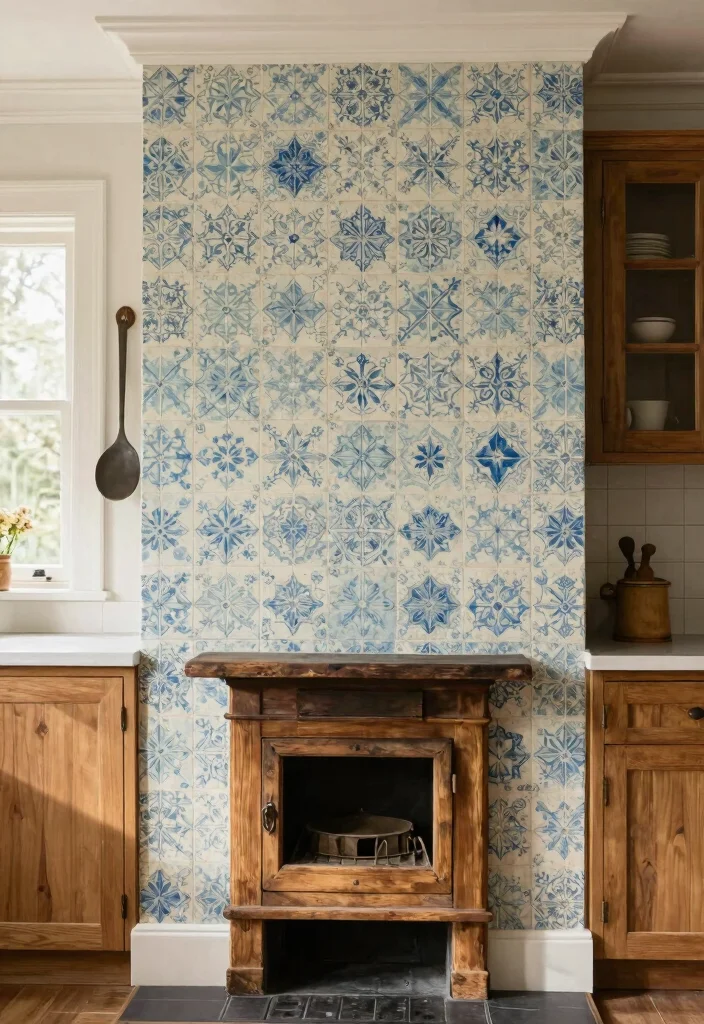 12 Accent Wall Kitchen Wallpaper Ideas That Make a Statement 3. Charming Vintage Tiles 0