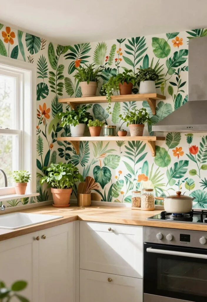 12 Accent Wall Kitchen Wallpaper Ideas That Make a Statement 5. Bountiful Botanical Prints 0