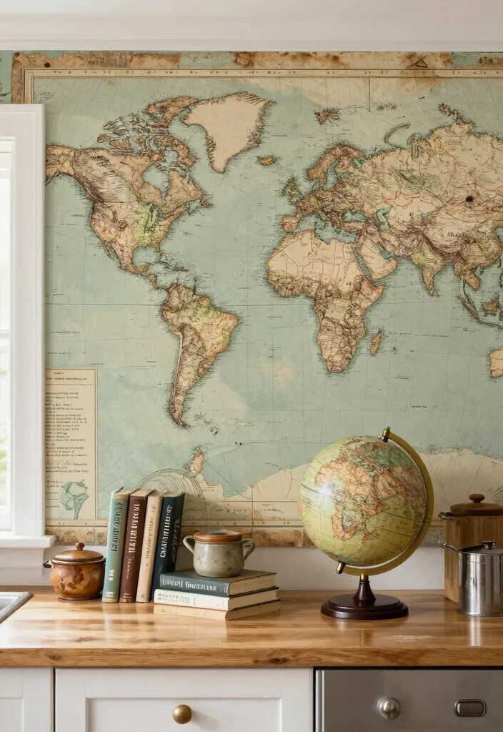 12 Accent Wall Kitchen Wallpaper Ideas That Make a Statement 6. Vintage Travel Inspired Maps 0