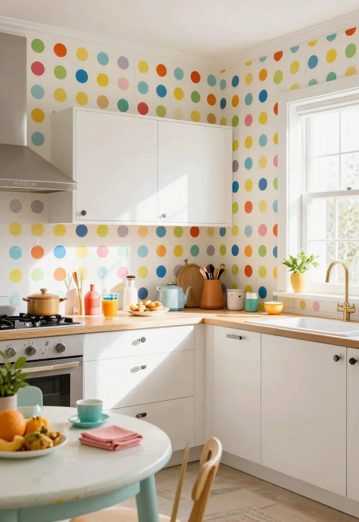 12 Accent Wall Kitchen Wallpaper Ideas That Make a Statement 7. Playful Polka Dots 0