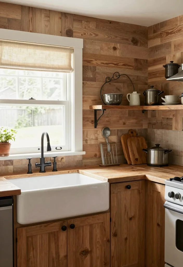 12 Accent Wall Kitchen Wallpaper Ideas That Make a Statement 8. Rustic Wood Paneling 0