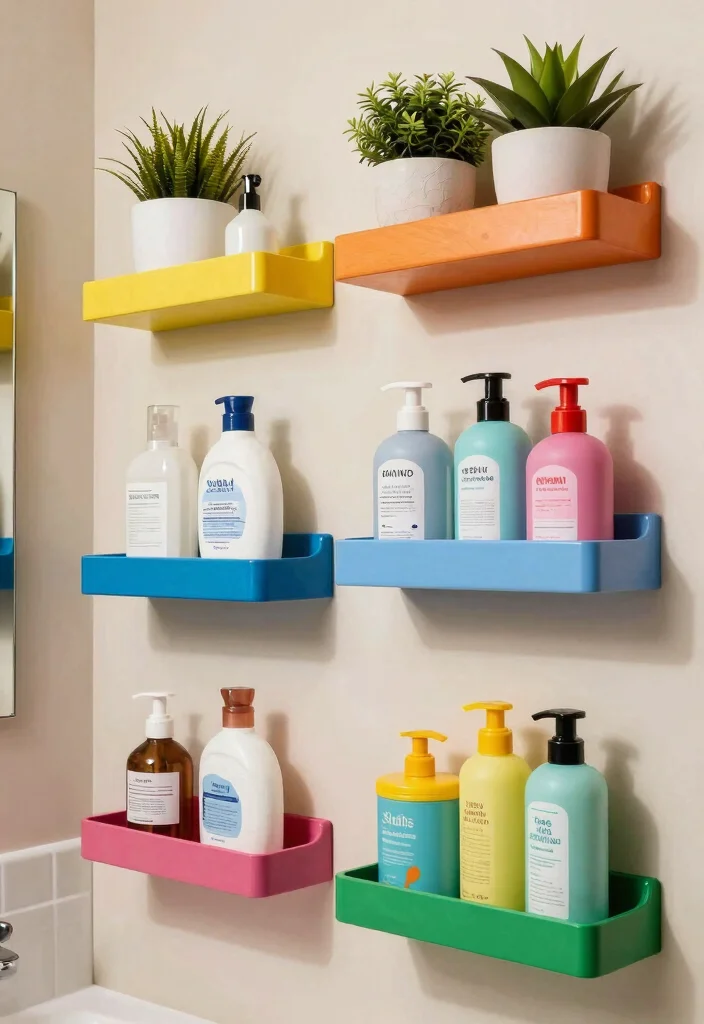 12 Bathroom Rack and Shelf Ideas That Look Intentional 10. Bold Colorful Racks 0