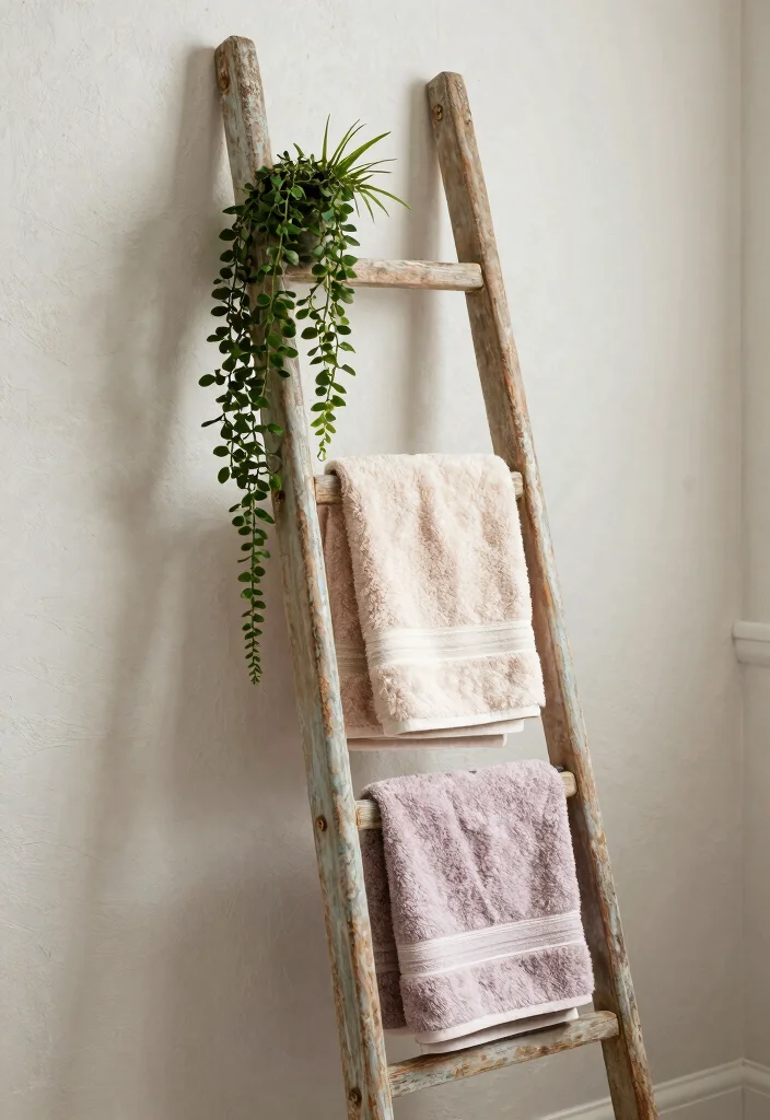 12 Bathroom Rack and Shelf Ideas That Look Intentional 3. Vintage Ladder Racks 0