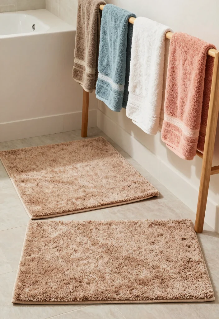 12 Bathroom Towel Decor Ideas That Look Hotel Styled 11. Layered Bath Mats Under Towels 0