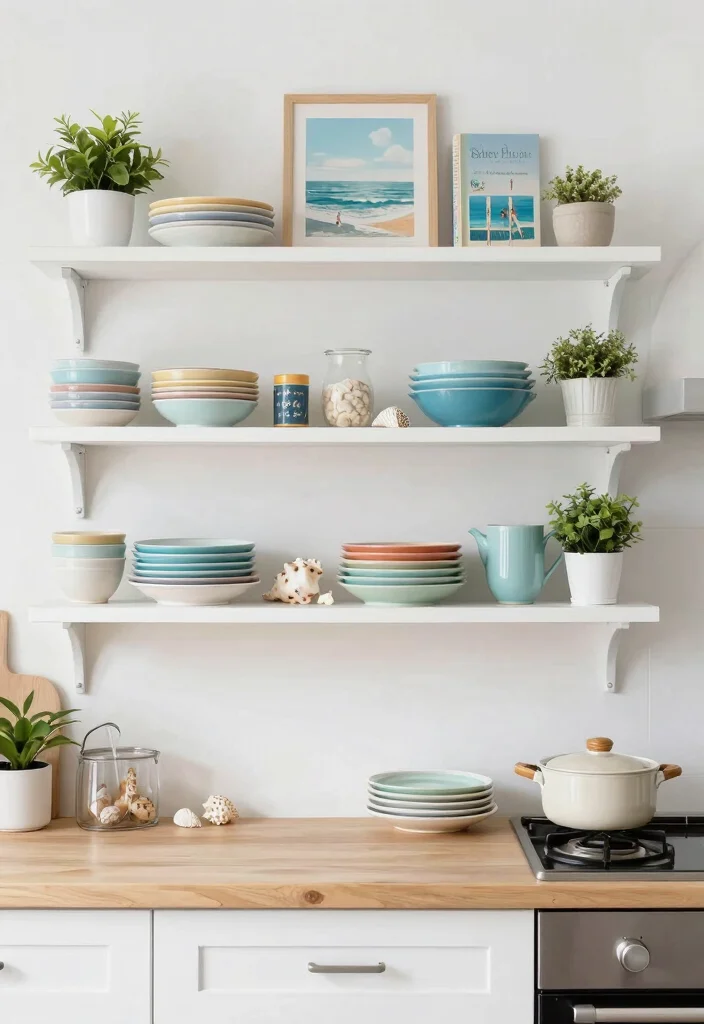 12 Beach Kitchen Ideas with a Light Coastal Vibe 4. Open Shelving for Display 0
