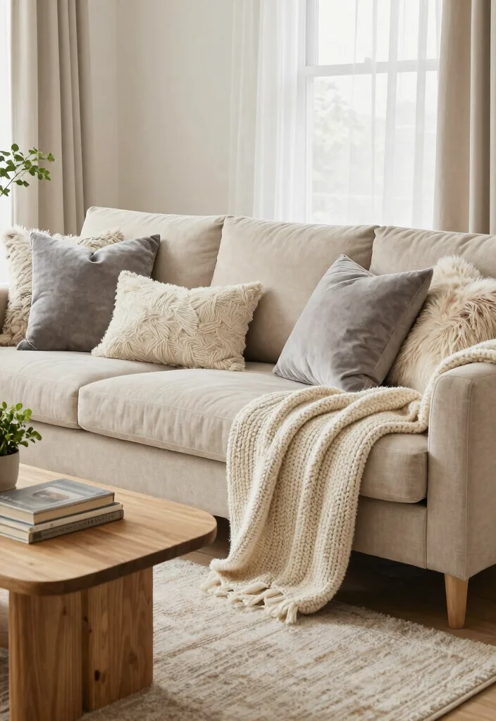 12 Beige Sofa Living Room Ideas That Feel Soft and Stylish 1. Layered Textures for Cozy Vibes 0