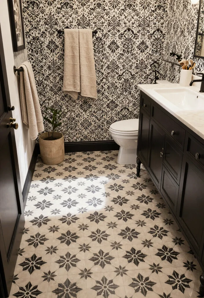12 Beige and Black Bathroom Ideas That Feel Calm and Luxe 11. Timeless Black White Patterning 0