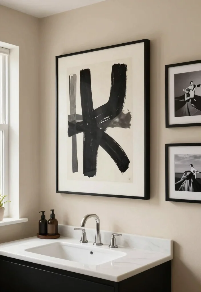 12 Beige and Black Bathroom Ideas That Feel Calm and Luxe 7. Stylish Wall Art 0