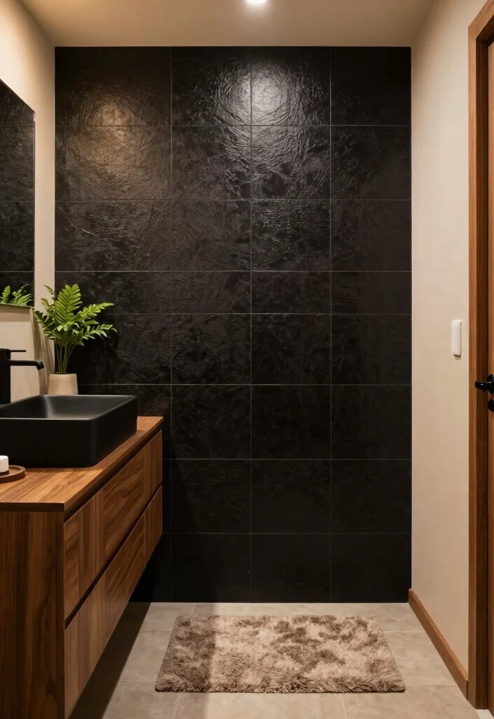 12 Black and Brown Bathroom Ideas That Feel Warm and Luxe 2. Textured Black Tiles 0