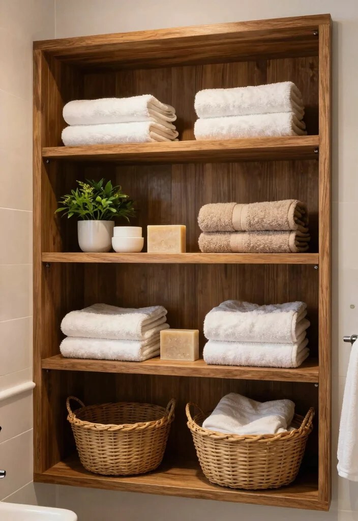 12 Black and Brown Bathroom Ideas That Feel Warm and Luxe 9. Open Shelving with Earthy Decor 0