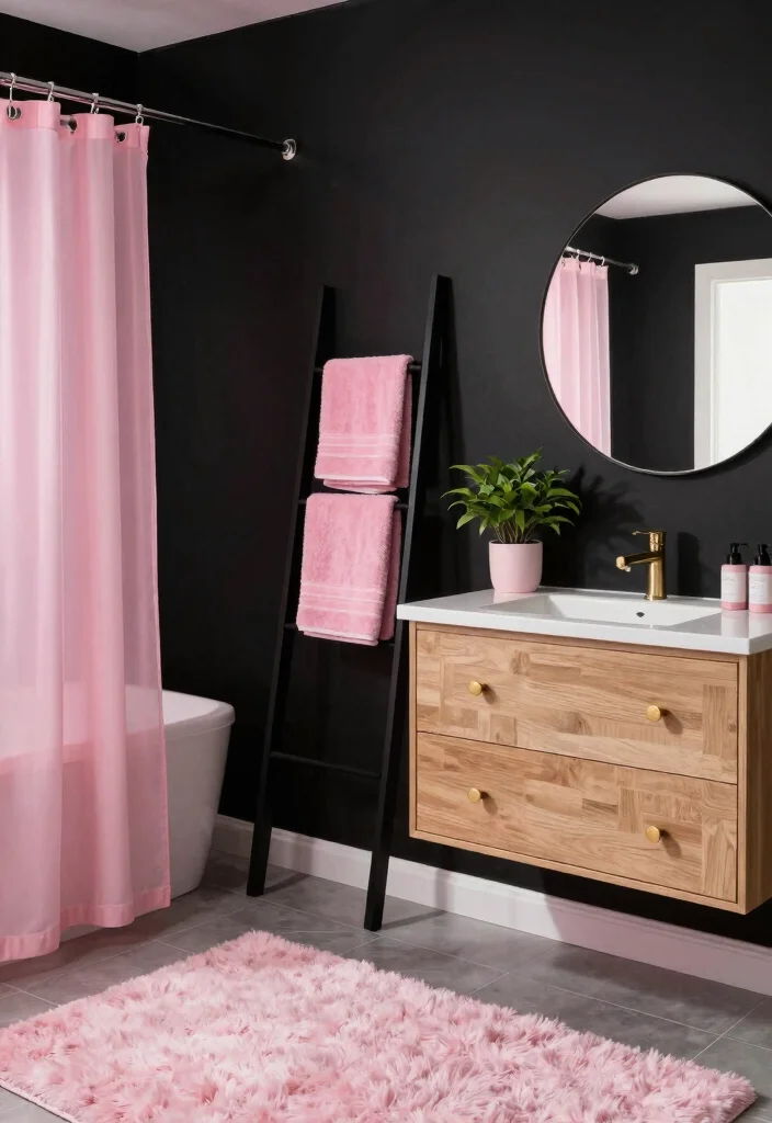 12 Black and Pink Bathroom Ideas with Bold Personality 1. Bold Black Walls with Pink Accents 0