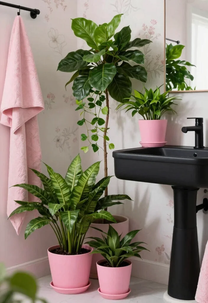 12 Black and Pink Bathroom Ideas with Bold Personality 11. Incorporating Nature 0