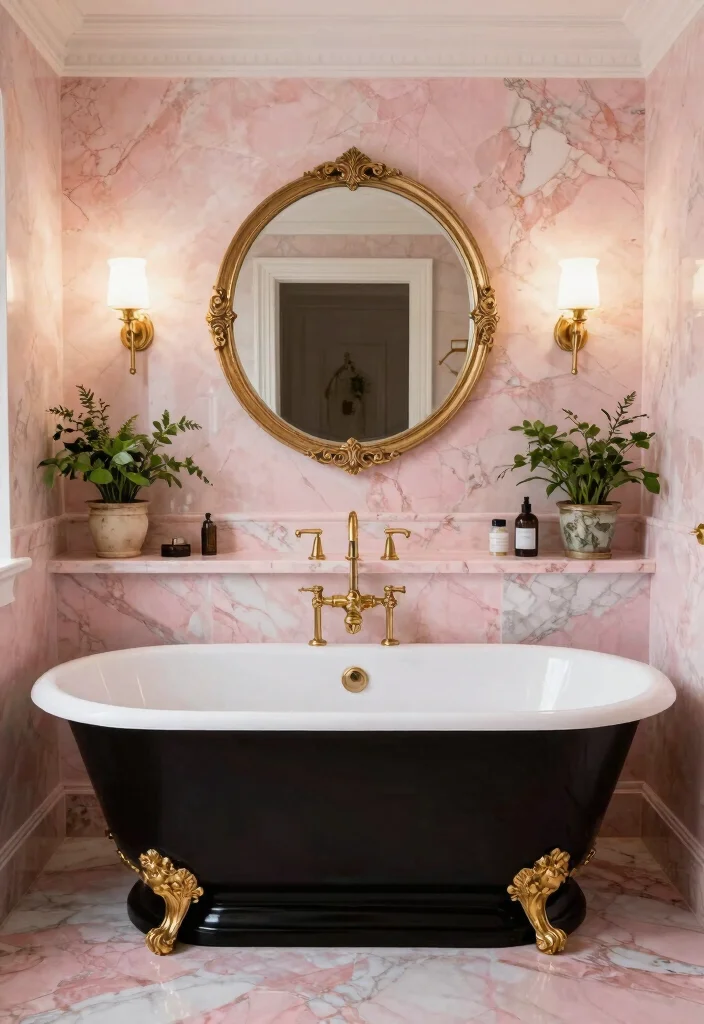 12 Black and Pink Bathroom Ideas with Bold Personality 2. Vintage Glam with Pink Marble 0