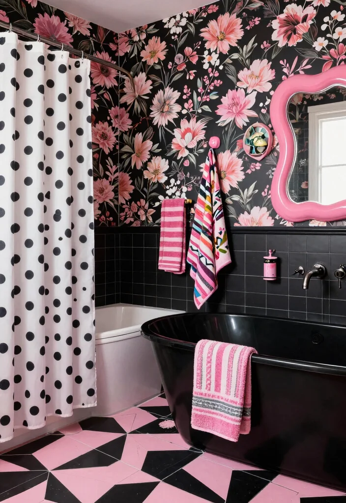 12 Black and Pink Bathroom Ideas with Bold Personality 3. Eclectic Mix of Patterns 0