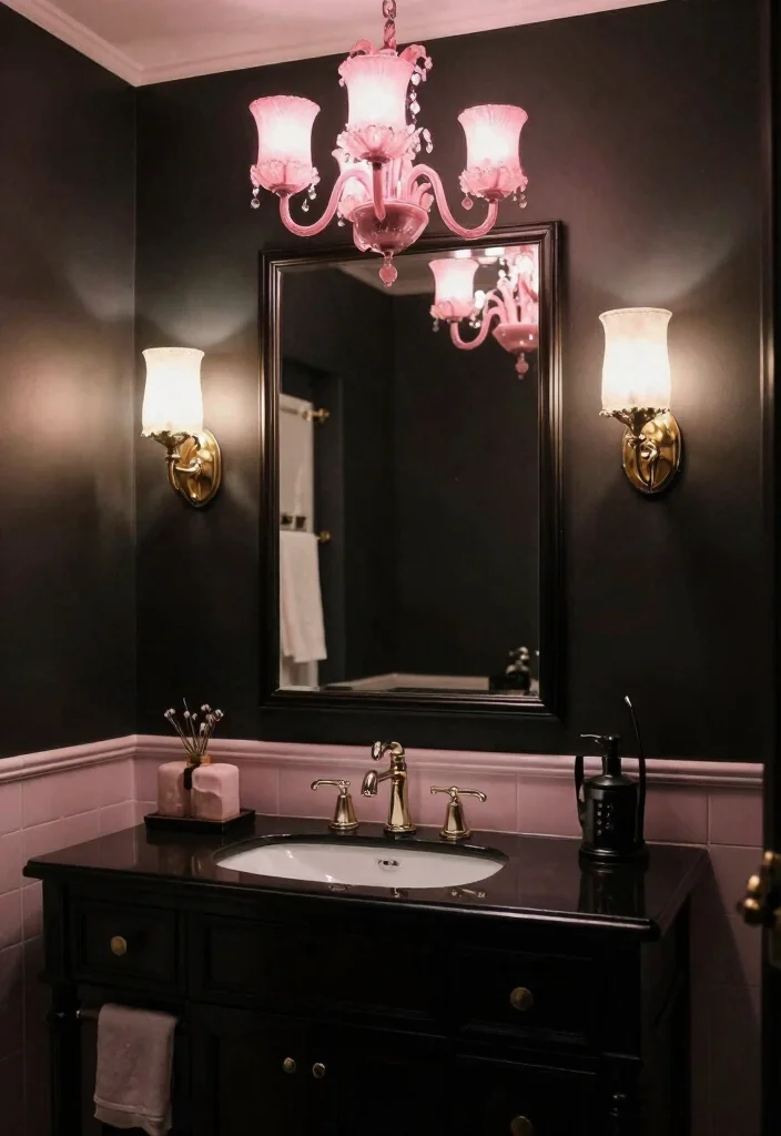 12 Black and Pink Bathroom Ideas with Bold Personality 4. Chic Lighting with Pink Glow 0