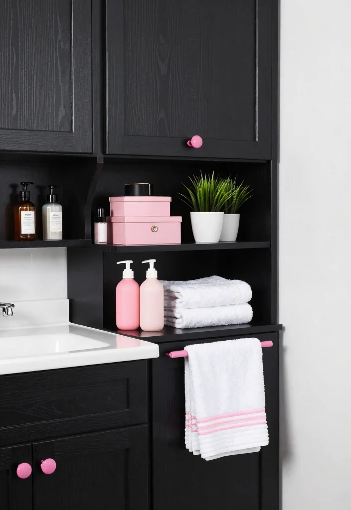 12 Black and Pink Bathroom Ideas with Bold Personality 5. Stylish Storage Solutions 0