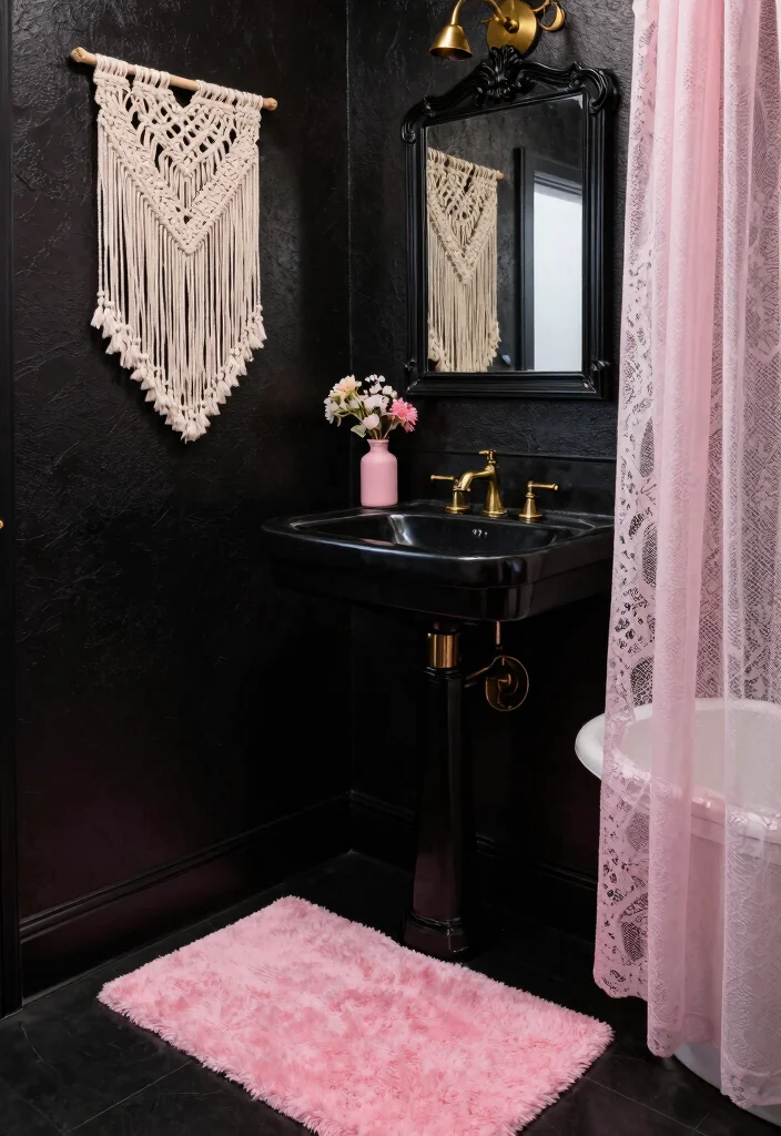 12 Black and Pink Bathroom Ideas with Bold Personality 6. Textured Accents with a Vintage Feel 0