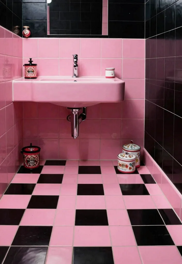 12 Black and Pink Bathroom Ideas with Bold Personality 7. Playful Pink Tiles 0