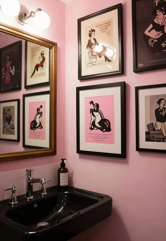 12 Black and Pink Bathroom Ideas with Bold Personality 9. Vintage Artwork with a Modern Twist 0