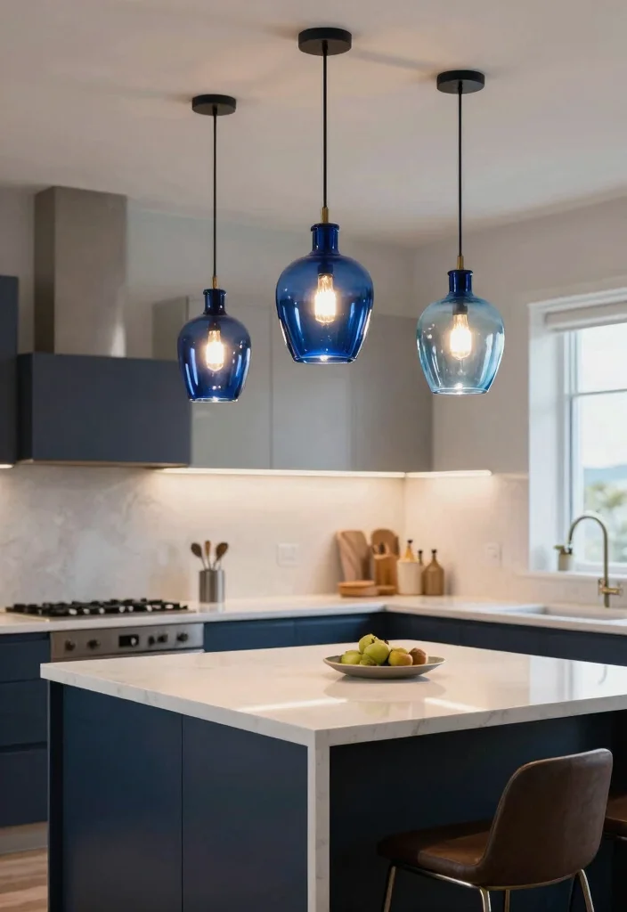 12 Blue Kitchen Ideas That Feel Fresh and Timeless 10. Blue Lighting Fixtures 0