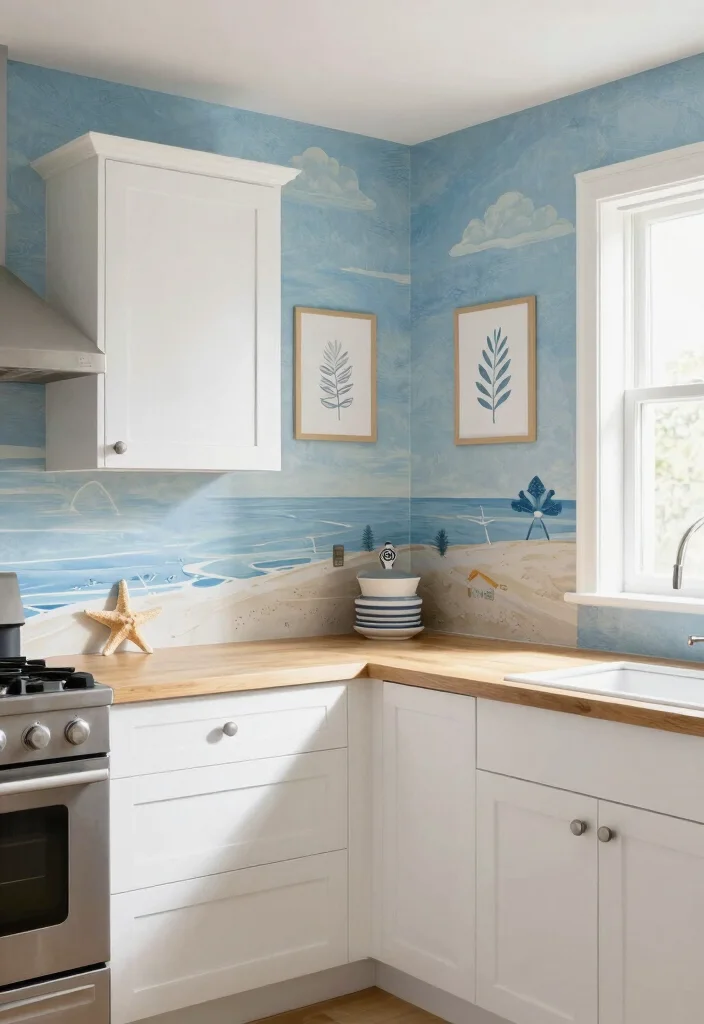 12 Blue Kitchen Ideas That Feel Fresh and Timeless 9. Coastal Inspired Wallpaper 0