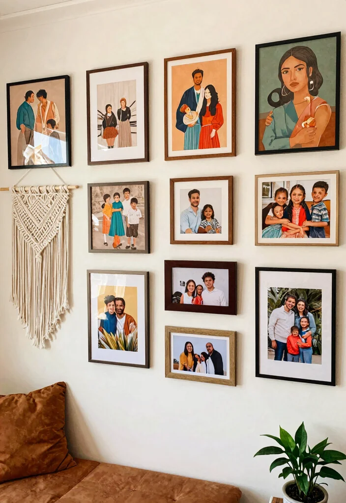 12 Boho Chic Living Room Ideas with Texture and Soul 2. Create a Gallery Wall of Eclectic Art 0