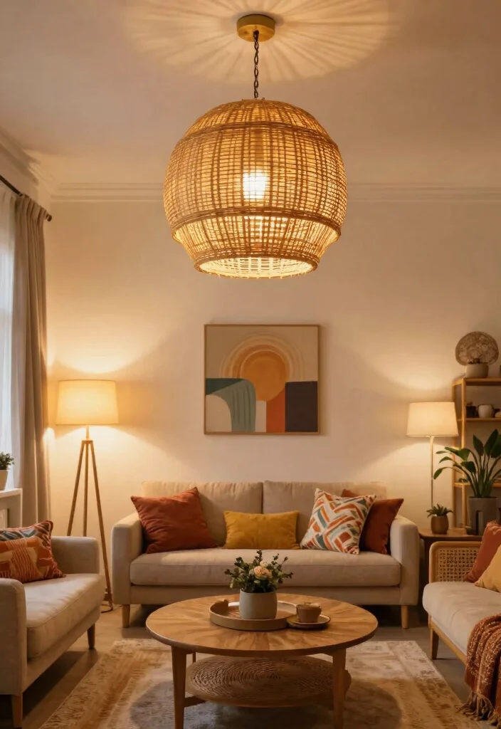 12 Boho Chic Living Room Ideas with Texture and Soul 5. Statement Lighting with a Twist 0