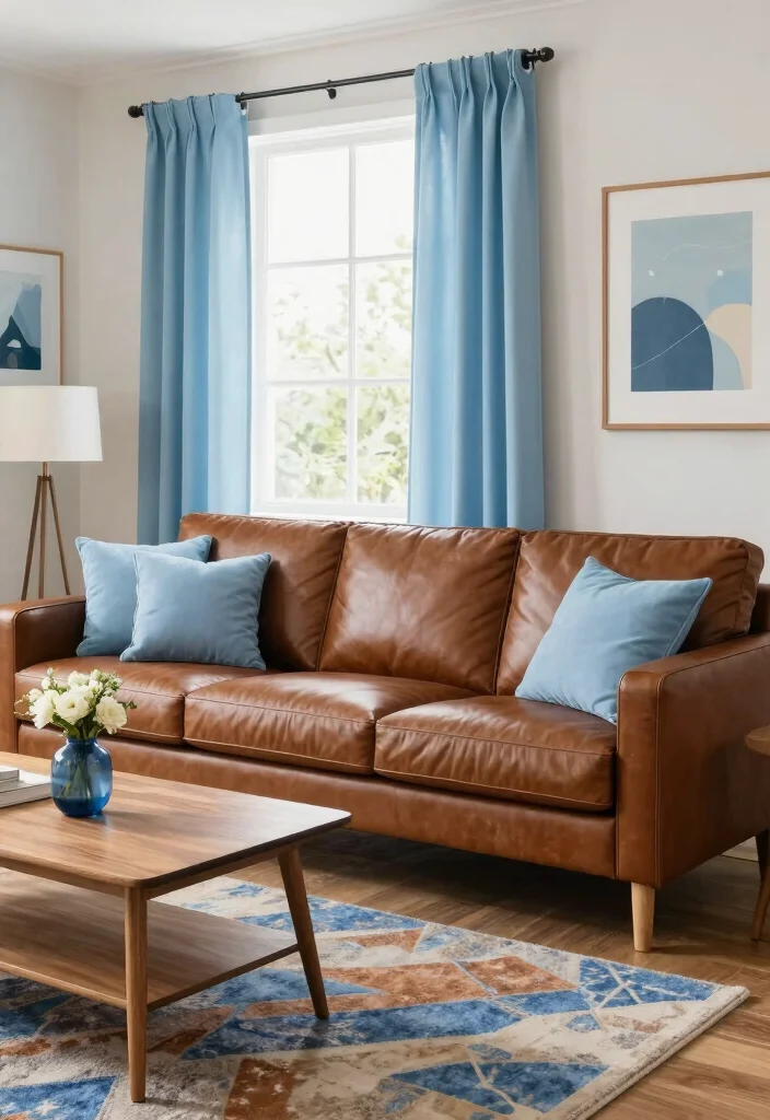 12 Brown and Blue Living Room Ideas with Rich Contrast 1. Earthy Brown Leather with Sky Blue Accents 0